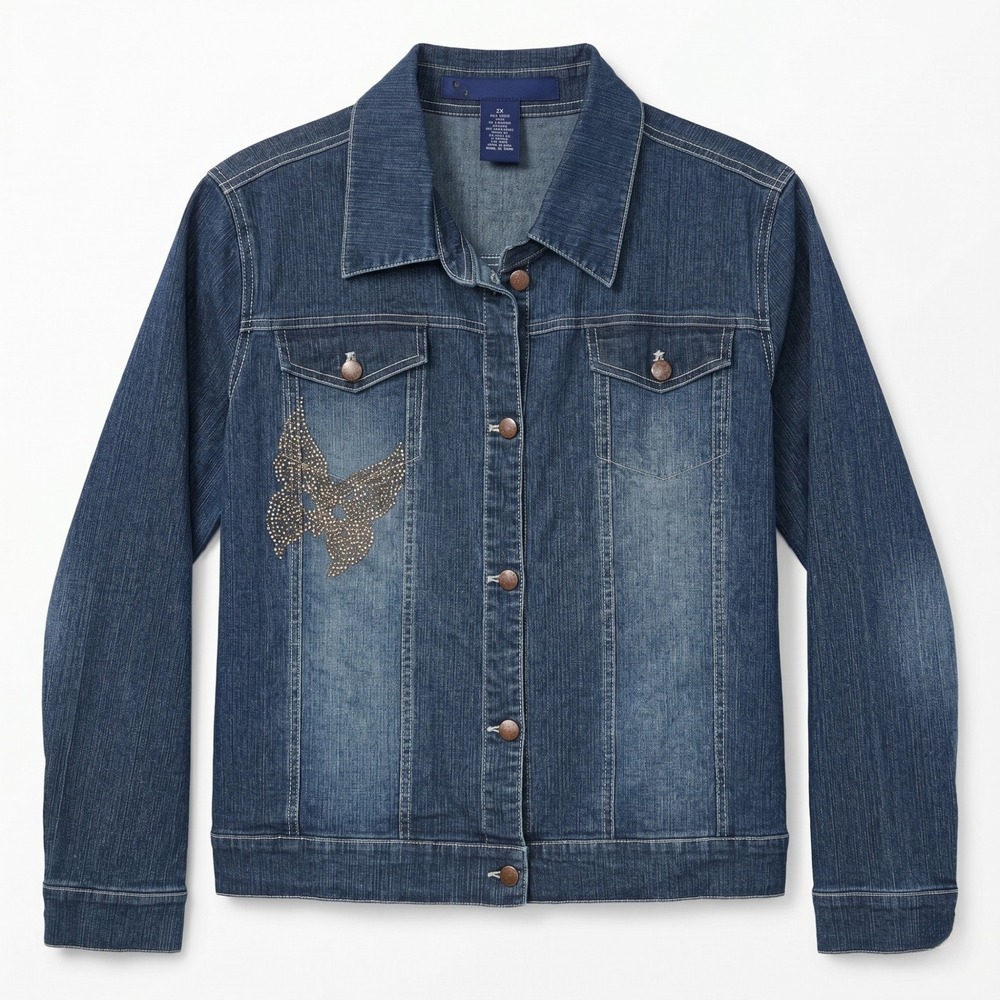Vintage GX Studded Butterfly Denim Jean Jacket Plus 2X Medium Wash Stretch